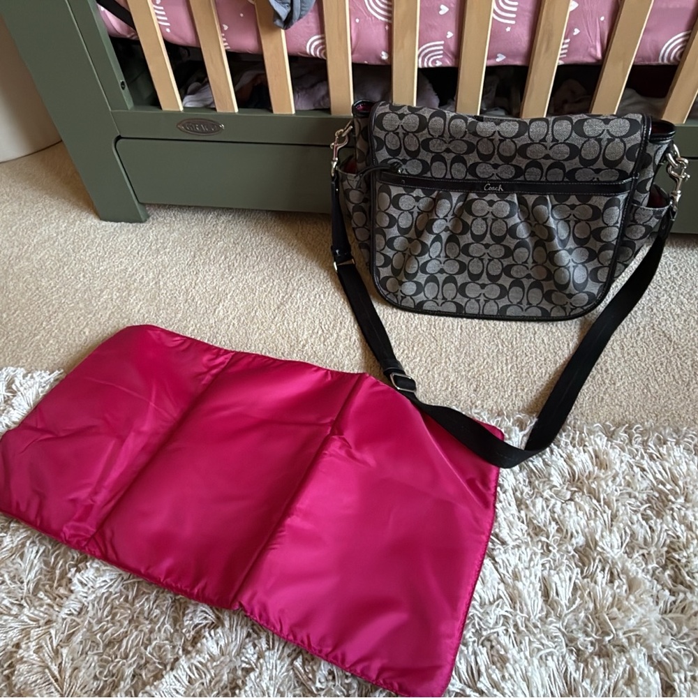 Coach Gray and Black Baby Bag with Pink Mat